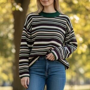 Vintage Striped Knit Sweater Dress Coogi Style Roll Neck Long Oversized